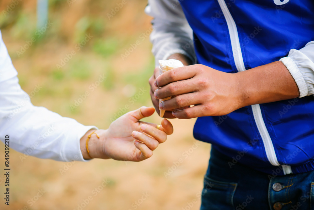 Donating food from the concern of human friends to the poor.