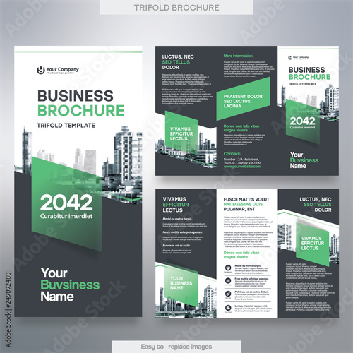 Business Brochure Template in Tri Fold Layout. Corporate Design Leaflet with replacable image.