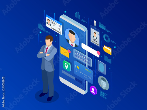 Isometric Personal Data Information App, Identity Private Concept. Digital data Secure Banner. Biometrics technology vector illustration for personal identity recognition and access authentication.