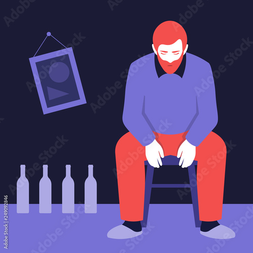 An alcoholic is sitting on a stool next to empty bottles of wine. Psychological addiction. Vector flat illustration