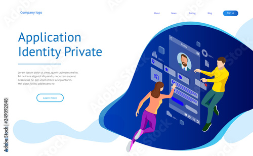 Isometric Personal Data Information App, Identity Private Concept. Digital data Secure Banner. Biometrics technology vector illustration for personal identity recognition and access authentication.