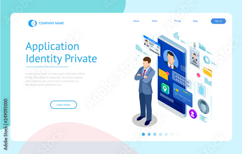 Isometric Personal Data Information App, Identity Private Concept. Digital data Secure Banner. Biometrics technology vector illustration for personal identity recognition and access authentication.