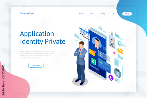 Isometric Personal Data Information App, Identity Private Concept. Digital data Secure Banner. Biometrics technology vector illustration for personal identity recognition and access authentication.