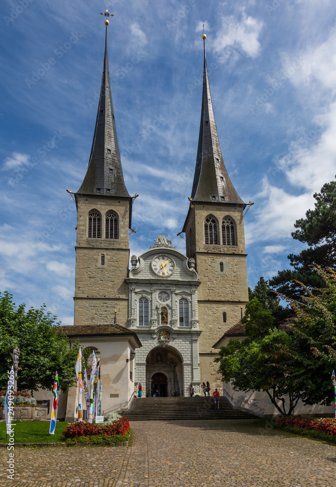 View of the facade of the Church of St. Leodegar in Lucerne, Switzerland