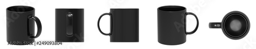 Blank black ceramic mug cup 5 view on white background