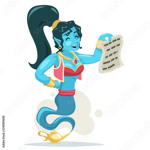 Magic contract arabian cute woman genie turban luck wish lamp smoke beautiful cartoon female character isolated vector illustration