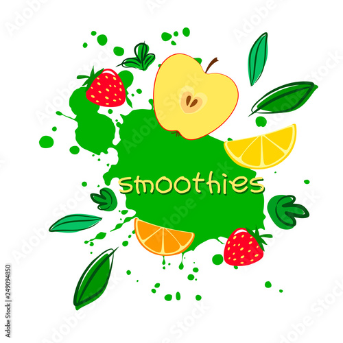 Vector illustration of a smoothie with stylized leaves and fruits  doodle and mixed style. Illustration on white background