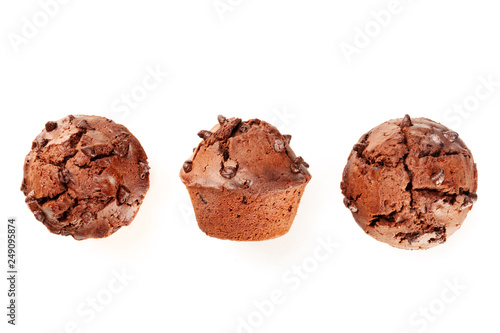 Three chocolate muffins, shot from the top on a white background with a place for text