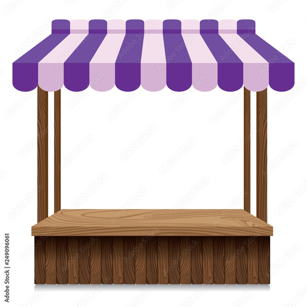 Wooden market stall with purple and pink awning on white background. Wooden market stall with purple and pink awning on white background.