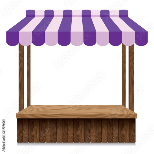 Wooden market stall with purple and pink awning on white background.