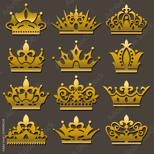 Set of golden crowns of different shapes. Elements for your design. Vector illustration.