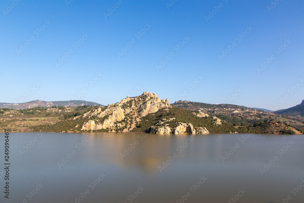 Landscape with lake and mountains (Atikhisar Castle and Lake, Turkey)