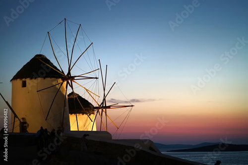 Detail night view of windmills in Chora, Mykonos, Cyclades