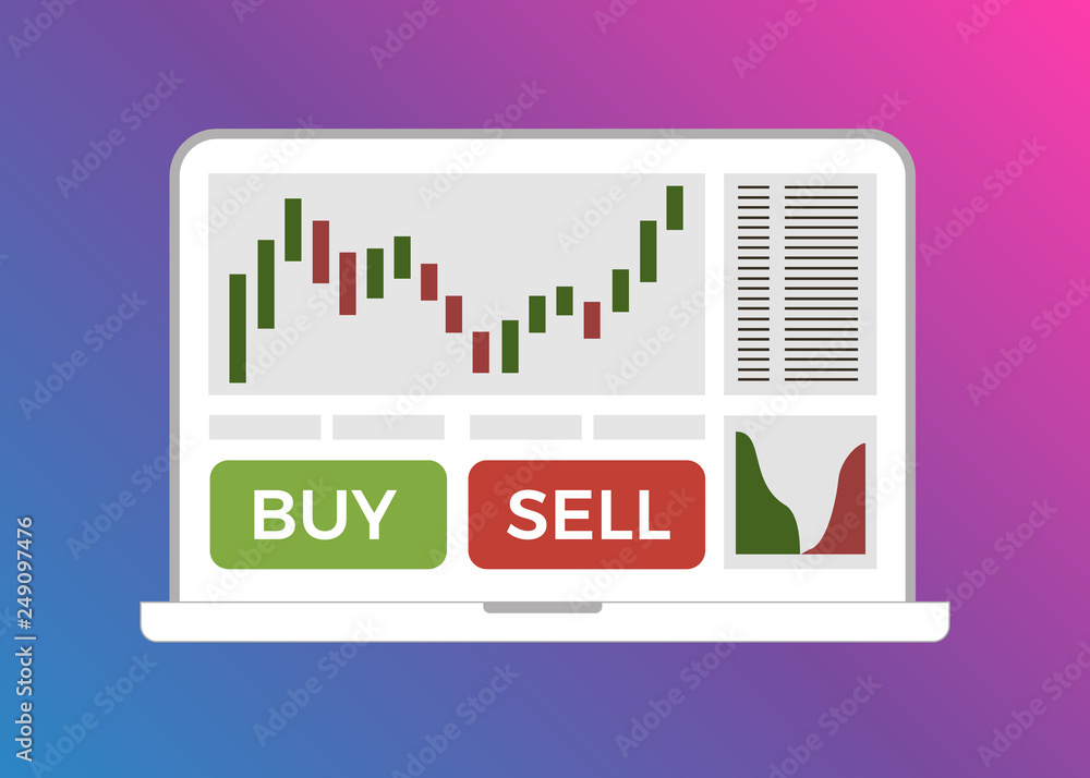 Trading candlestick chart, buy and sell buttons on laptop screen. Forex trade flat vector illustration. Cryptocurrency and Stock exchange market graph on computer display creative concept. Trading candlestick chart, buy and sell buttons on laptop screen. Forex trade flat vector illustration. Cryptocurrency and Stock exchange market graph on computer display creative concept.