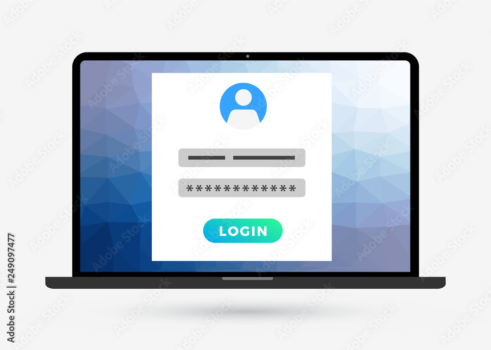 Laptop computer with login page on screen. Modern flat style design registration page. Vector illustration on grey background.