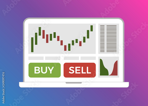 Trading candlestick chart, buy and sell buttons on laptop screen. Forex trade flat vector illustration. Cryptocurrency and Stock exchange market graph on computer display creative concept. photo