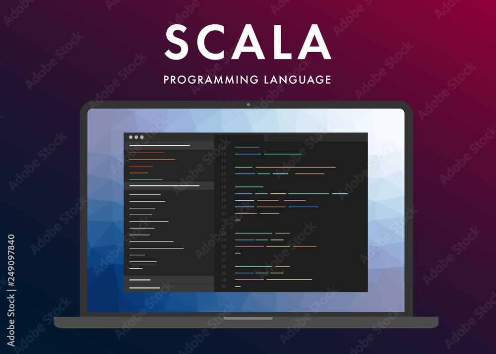 Scala programming language. Learning concept on the laptop screen code  programming. Command line scala interface with flat design and gradient  purple background. Stock Vector | Adobe Stock