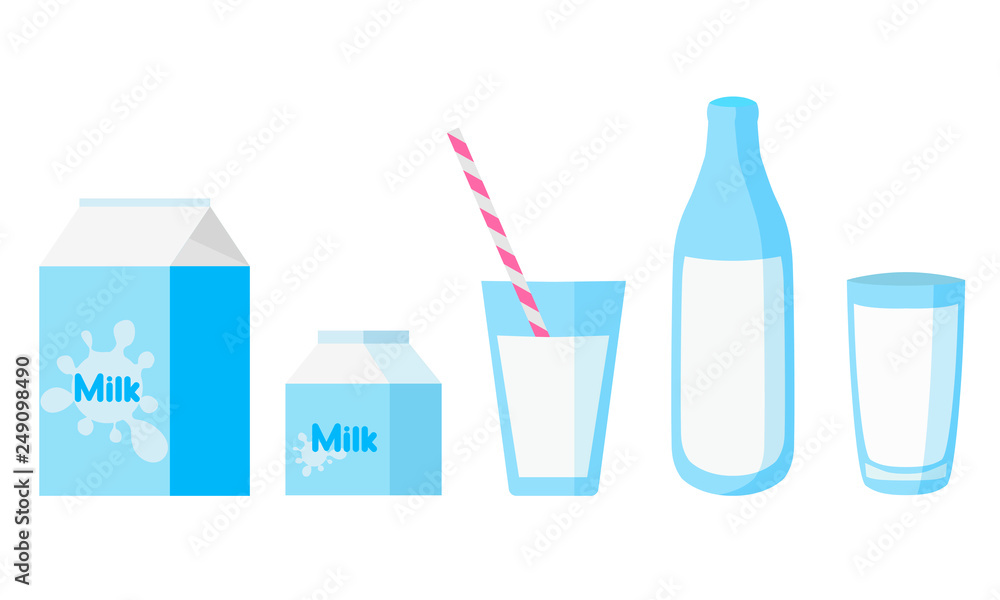Vector cartoon style illustration of dairy products: milk packing and a glass of milk on white background. Icon for web. Set of milk. Vector cartoon style illustration of dairy products: milk packing and a glass of milk on white background. Icon for web. Set of milk.