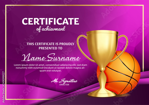 Basketball Certificate Diploma With Golden Cup Vector. Sport Award Template. Achievement Design. Honor Background. A4 Horizontal. Illustration