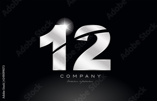 silver letter 12 metal number with grey color on black background logo