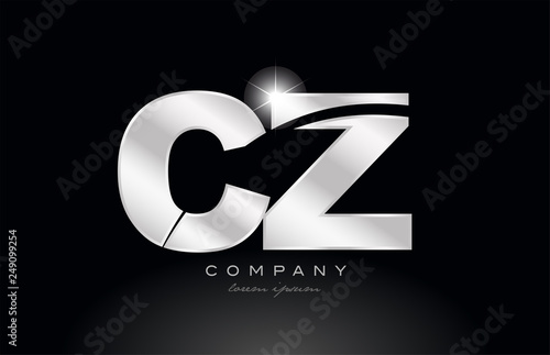 silver letter cz c z metal combination alphabet with grey color on black background logo