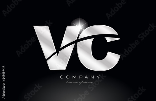 silver letter vc v c metal combination alphabet with grey color on black background logo