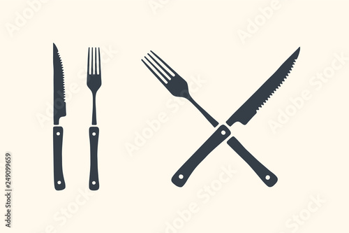 Meat cutting knives and forks set. Steak, butcher and BBQ supplies