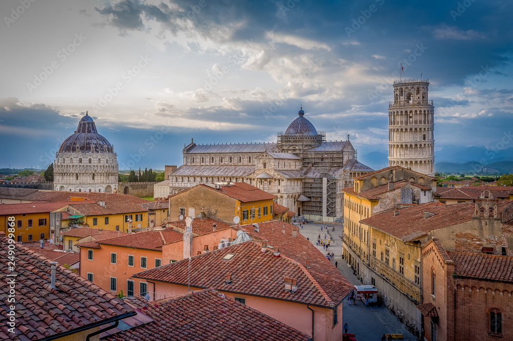 Sunset aerial view of Pisa historic center with famous leaning tower and Duomo di Pisa cathedral. Toscana, Italy