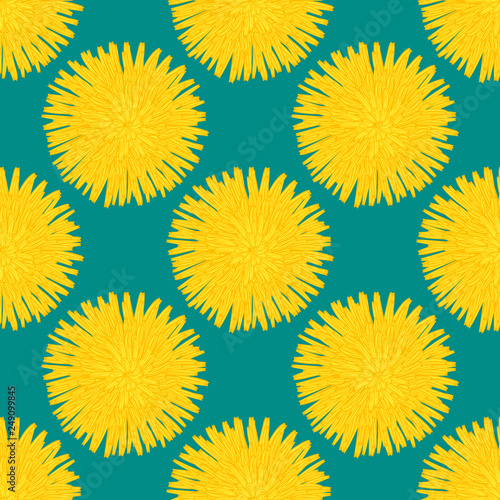 Floral seamless pattern. Hand drawn yellow head of dandelion officinale. Wildflower. Taraxacum. Design for wallpaper, textiles, wrapping, card, print on clothes, packaging. Vector illustration, eps10