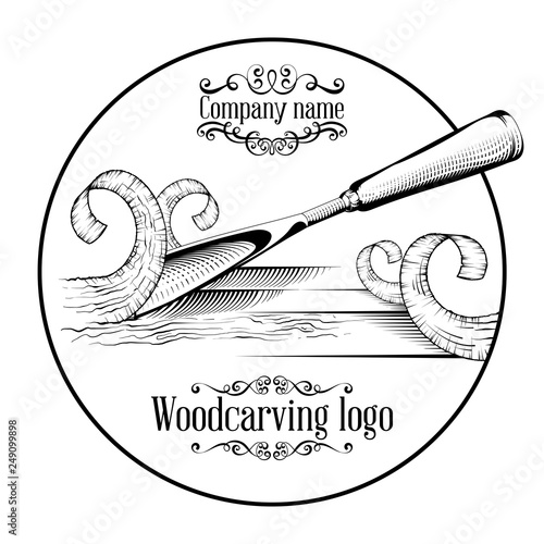 Woodcarving logotype Illustration with a chisel, cutting a wood slice, vintage style logo, black and white isolated engraving