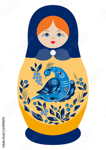 Traditional souvenir Russian floral folk matryoshka doll, Gorodets painting stylization. Birds and flowers, matryoshka babushka. Russian nesting doll girl with a smile. Isolated on white illustration.