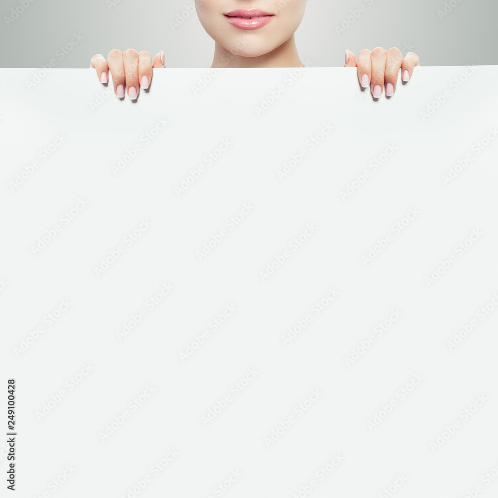 Pink lips, french manicure hand and white empty paper board background with copy space Pink lips, french manicure hand and white empty paper board background with copy space