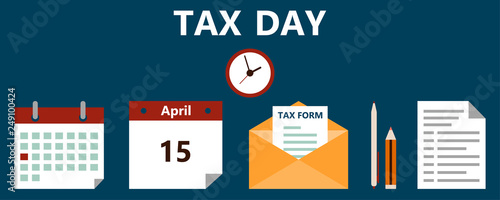 Vector illustration of the Tax Form, a pen and calendar. Tax form, a financial document for filing in flat style. Tax Day on April 15. Deadline for Federal income tax returns in the USA.