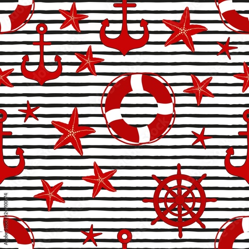 Marine seamless pattern with nautical elements on black