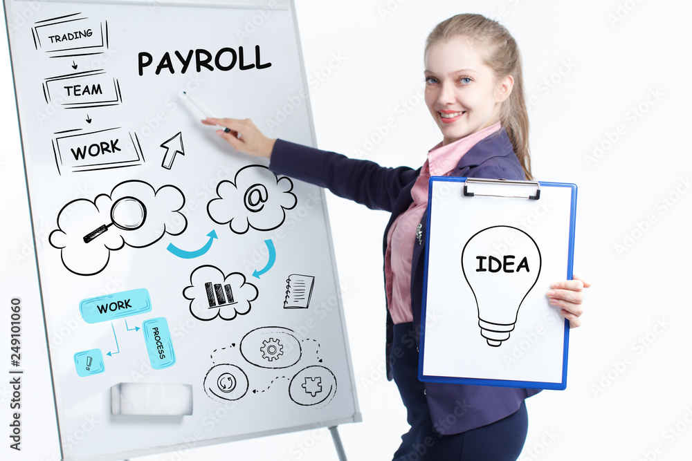 Business, technology, internet and networking concept. Young entrepreneur showing keyword: Payroll Business, technology, internet and networking concept. Young entrepreneur showing keyword: Payroll