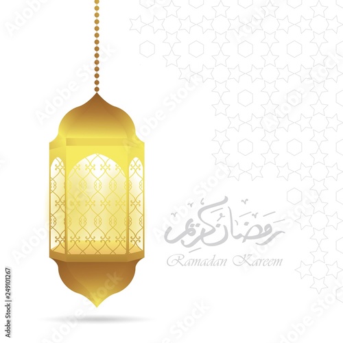 Ramadan kareem arabic calligraphy greeting with gold lantern