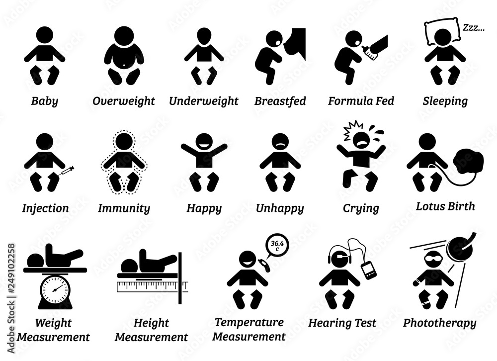 Baby health and medical icon. Illustrations depict infant with various body weight and size, feeding, injection, and emotions. Baby weight, height, and temperature are measured. Baby health and medical icon. Illustrations depict infant with various body weight and size, feeding, injection, and emotions. Baby weight, height, and temperature are measured.