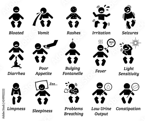 Baby illness and sickness sign and symptoms. Illustrations depict unhealthy baby infant having bloated stomach, vomit, rashes, seizure, diarrhea, fever, fussy, weakness, breathing problem, and more.