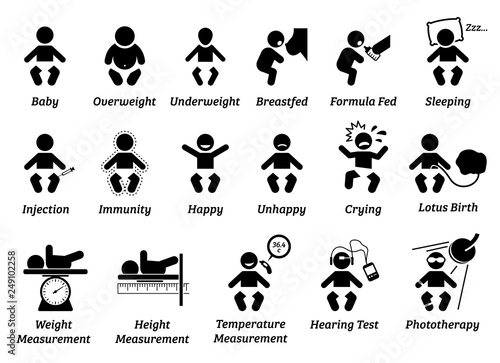 Baby health and medical icon. Illustrations depict infant with various body weight and size, feeding, injection, and emotions. Baby weight, height, and temperature are measured.