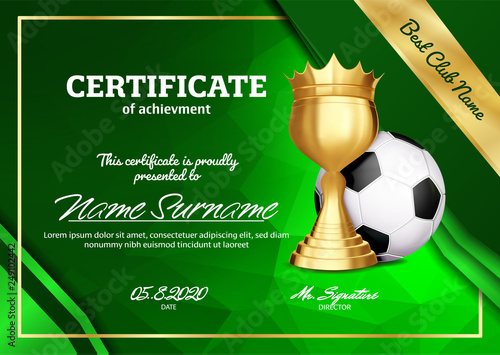 Soccer Certificate Diploma With Golden Cup Vector. Sport Graduation. Elegant Document. Luxury Paper. A4 Horizontal. Championship Illustration