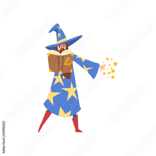 Male Sorcerer Reading Magic Book, Bearded Wizard Character Wearing Blue Mantle with Stars and Pointed Hat Vector Illustration