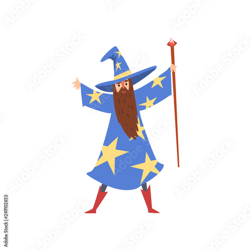 Male Sorcerer with Magic Staff, Bearded Wizard Character Wearing Blue Mantle with Stars and Pointed Hat Vector Illustration