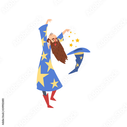 Male Sorcerer Practicing Wizardry, Bearded Wizard Character Wearing Blue Mantle with Stars and Pointed Hat Vector Illustration