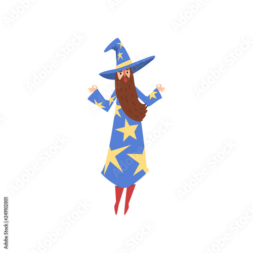 Male Sorcerer, Bearded Wizard Character Wearing Blue Mantle with Stars and Pointed Hat Vector Illustration
