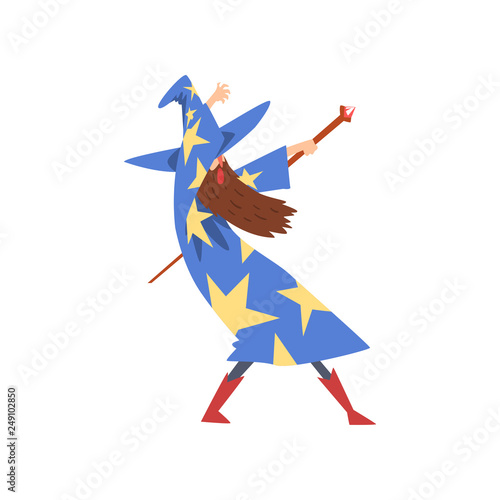 Male Sorcerer Practicing Wizardry with Staff, Bearded Wizard Character Wearing Blue Mantle with Stars and Pointed Hat Vector Illustration