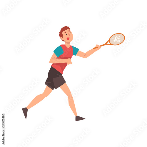 Young Man Playing Tennis, Professional Sportsman Character Wearing Sports Uniform with Racket in His Hand Vector Illustration