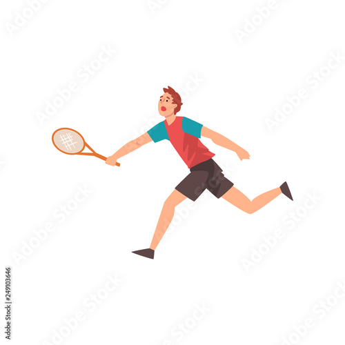 Young Man Playing Tennis, Professional Sportsman Character Running with Racket in His Hand Vector Illustration