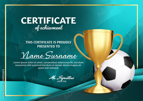 Soccer Certificate Diploma With Golden Cup Vector. Football. Sport Award Template. Achievement Design. Honor Background. A4 Horizontal. Illustration