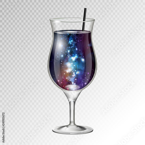 Vector illustration of realistic cocktail pina colada glass with space background inside