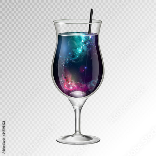 Vector illustration of realistic cocktail pina colada glass with space background inside